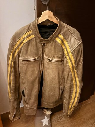 Chaqueta Moto Bela Cuero Marrón Rayas Amarillas