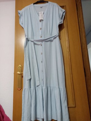 Vestido largo casual azul atado cintura