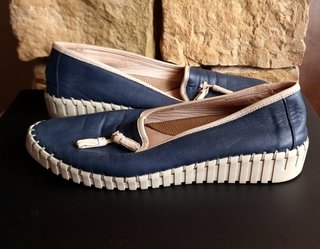Scarpe donna blu in pelle con tacco zeppa 40