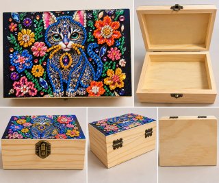 Caja de madera con gato y punto de diamante.