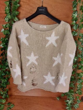 MaglioneBeigeBianco a Strappo Vintage