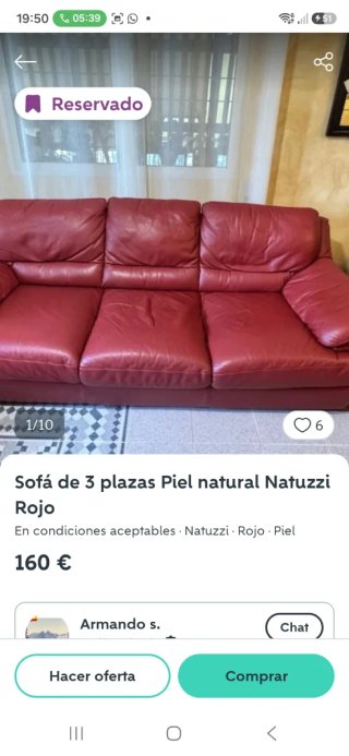 Sofá 3 plazas Piel Natuzzi Rojo