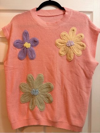 Top punto niña sin mangas rosa apliques flores