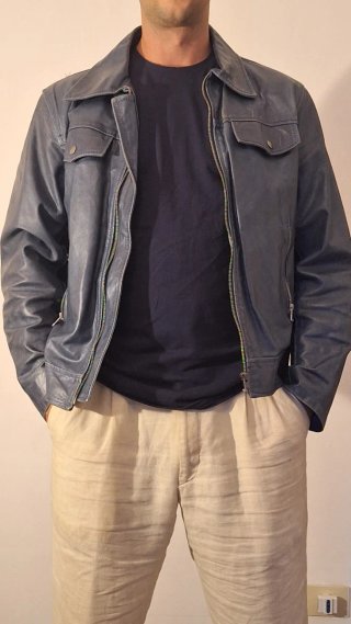 Giacca pelle vintage blu petrolio