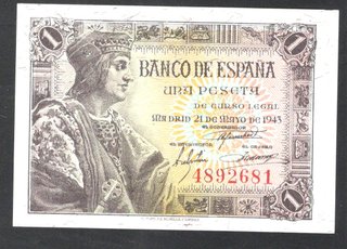 Billete.- 1 Peseta 21 Mayo 1943 SIN SERIE