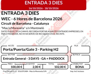 Entradas WEC. Traspaso. 16/18 octubre. Circuitcat