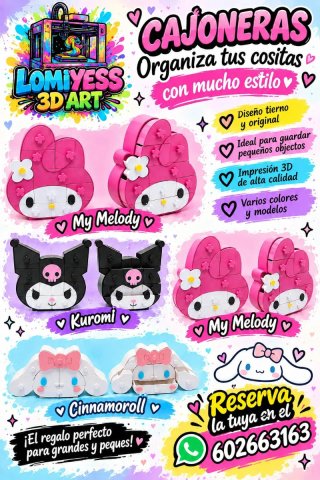 Cajoneras 3D Kuromi, My Melody y Cinnamoroll