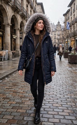 Parka Larga Azul Marino con Capucha y forrada pelo