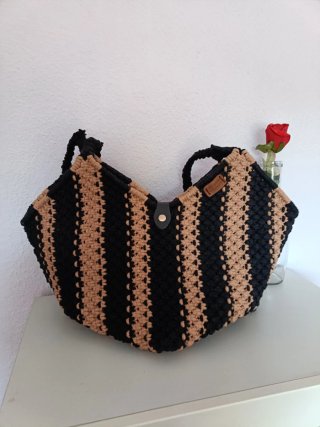 Bolso de Macramé Rayado Negro y marrón