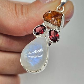 Colgante piedra luna, rubí y ámbar plata 925