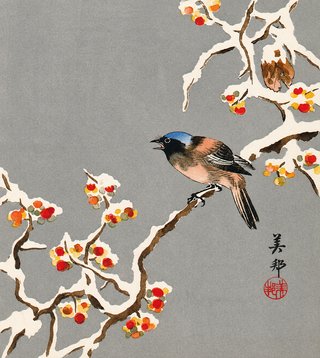 Lámina Japonesa Vintage: Pájaro y Ramas con Nieve