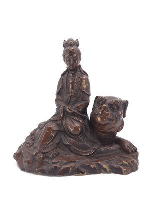 Antica Scultura Bronzo Guanyin Cane Foo Cina XX