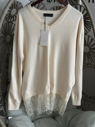 Jersey Zara color crema con Detalle de Encaje