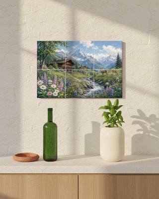 Mural piastrelle chalet alpino, fiori e cervi