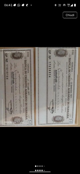 2 Miniassegni Banca Credito Agrario Ferrara