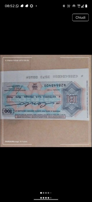 Miniassegno 100 Lire 1977 Autogrill