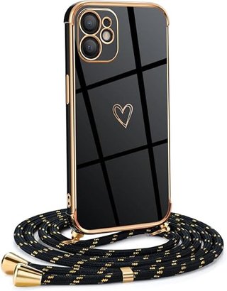 Cover Mkej per iPhone 12 con cordino, TPU morbido in silicone con design a cuore e placcatura in oro di lusso