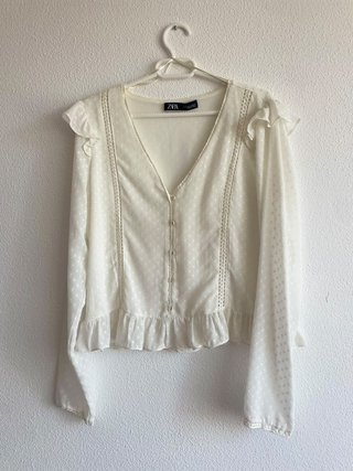 Blusa Zara Blanca Plumeti Manga Larga