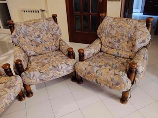 Set divano e 2 poltrone in legno noce