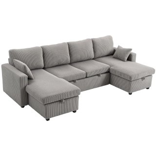 Divano Letto a U Moderno Grigio in Velluto a Coste