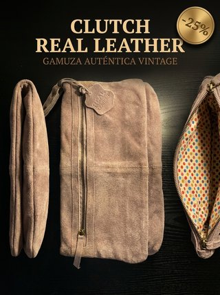Bolso Real Leather Gamuza Beige Cremallera Clutch