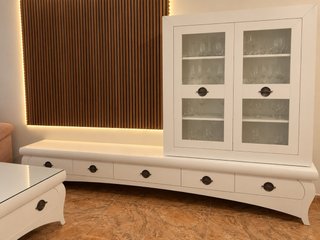 Salon com vitrinas y mesa central