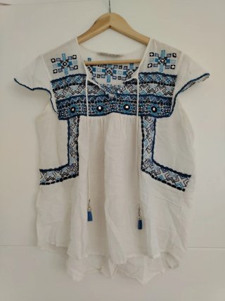 Blusa Étnica Zara Blanca Talla M