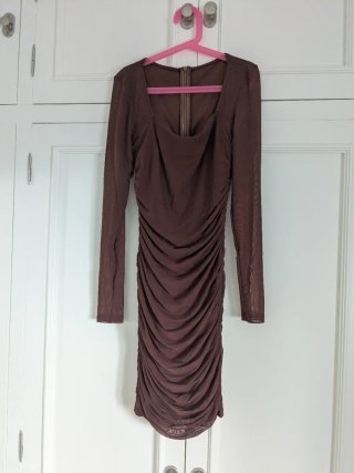Vestido Marrón Manga Larga, Shein, tejido elástico