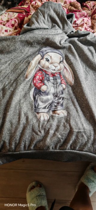 Sudadera Gris con Capucha y Estampado Conejito