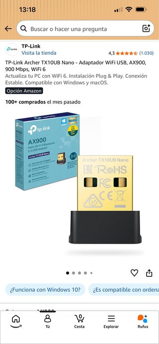 Adaptador WiFi USB TP-Link Archer TX10UB Nano.