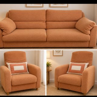 Sofá y 2 sillones color naranja con cojines