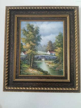 Cuadro al óleo paisaje con puente