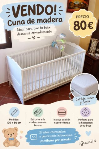 Cuna de Madera Blanca 120x60 cm