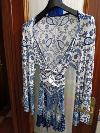 Kimono Estampado Azul y Blanco