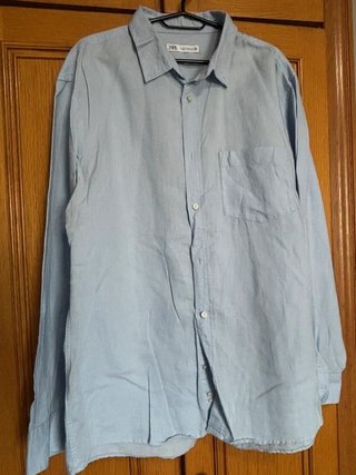 Camisa de lino/algodón Zara Man azul claro
