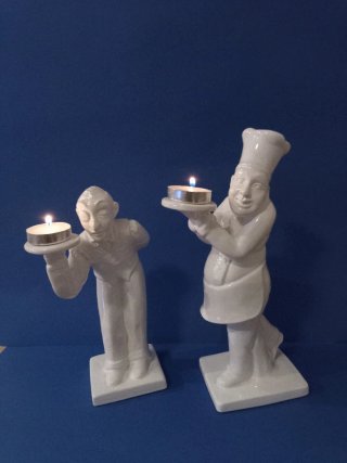 Coppia statuine vintage in ceramica chef/cameriere