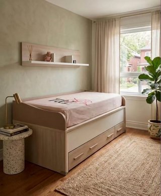 Cama compacta con cajones, colchines y estanteria
