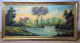 Cuadro al óleo vintage - Escena de Caza y Paisaje