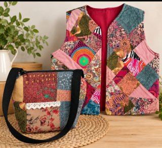 Conjunto de Chaleco y Bolso Patchwork