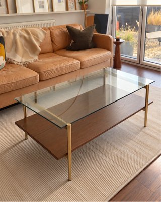 Mesa de centro de cristal, madera y metal