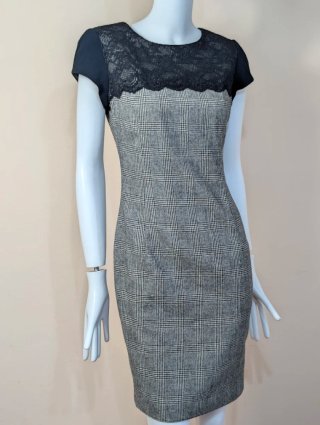 Vestido tubo Zara cuadros gris y encaje