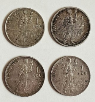 Rumania lote 4 monedas 1 leu 1910/11/12/14 ) plata