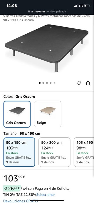 Base Tapizada 90x190 cm Gris