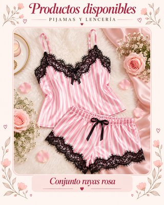 Conjunto Satinado Rosa con Encaje Talla M