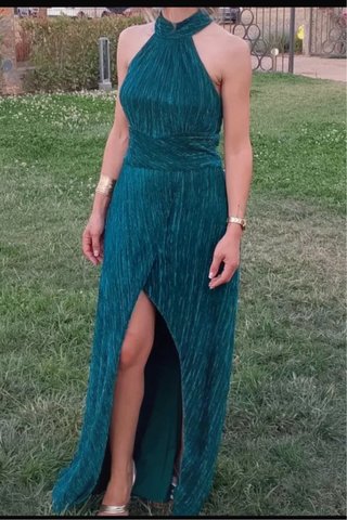 Vestido de fiesta largo color verde azulado