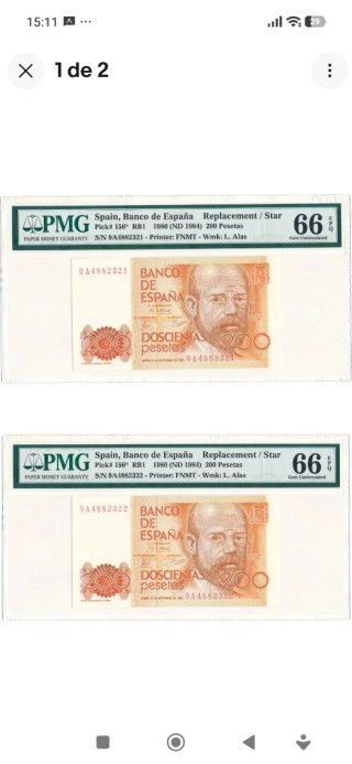 2 Billetes 200 Pesetas Clarín Serie 9A PMG 66