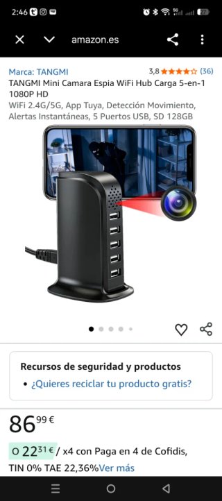 Cámara Espía WiFi TANGMI Hub Carga 5 en 1