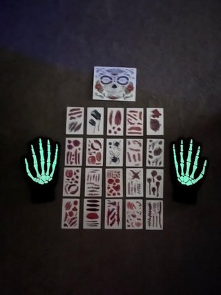 Tatuajes Temporales y Guantes Esqueleto Brillantes