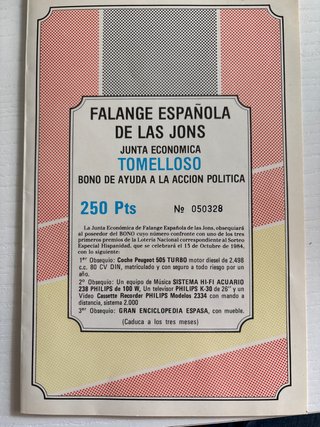 Bono de Ayuda Falange Española de las JONS 1984