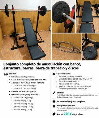 Conjunto:banco,estructura,barras y discos por 94kg
